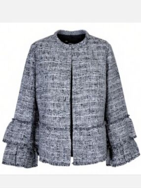 Chicos Tweed Blazer Size 2 L 12 Black White Ruffled Sleeves Fringe Trim Lined